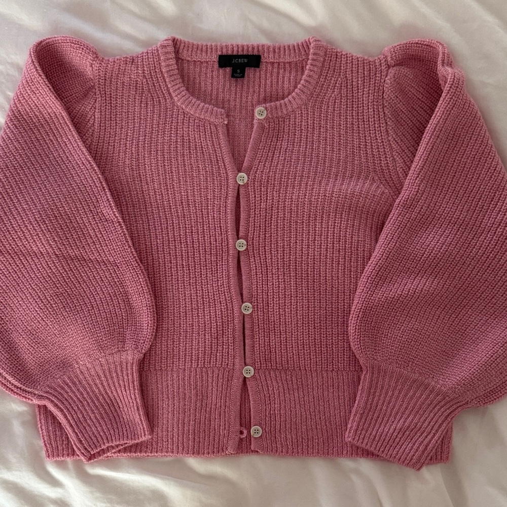 J. Crew Pink Puff-Sleeve Ribbed Cardigan